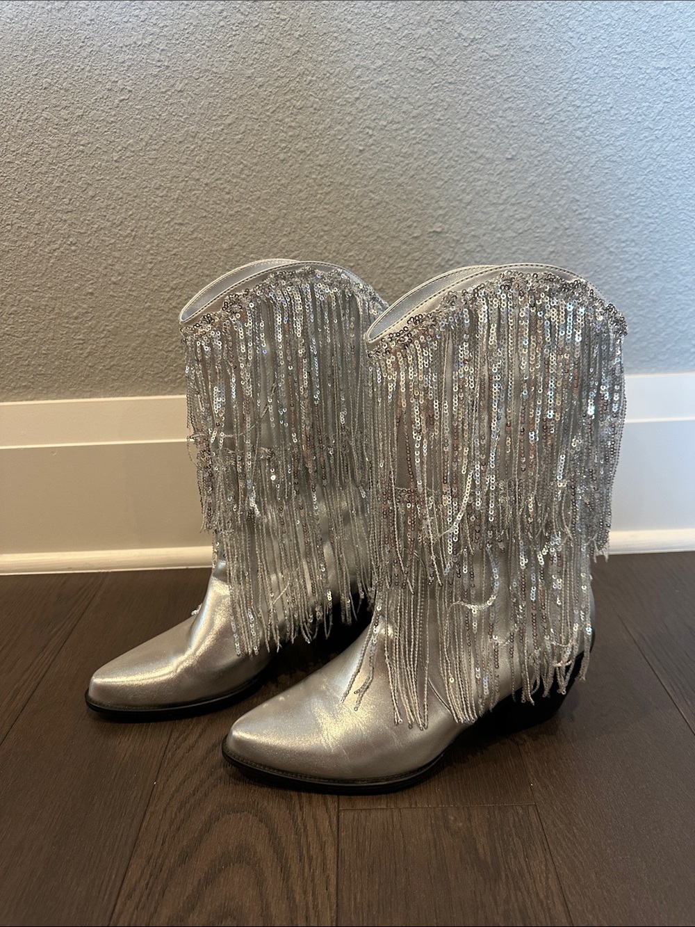 Silver Fringe Sequin Ankle Boots - Women's Metallic Booties - Picture 3 of 12